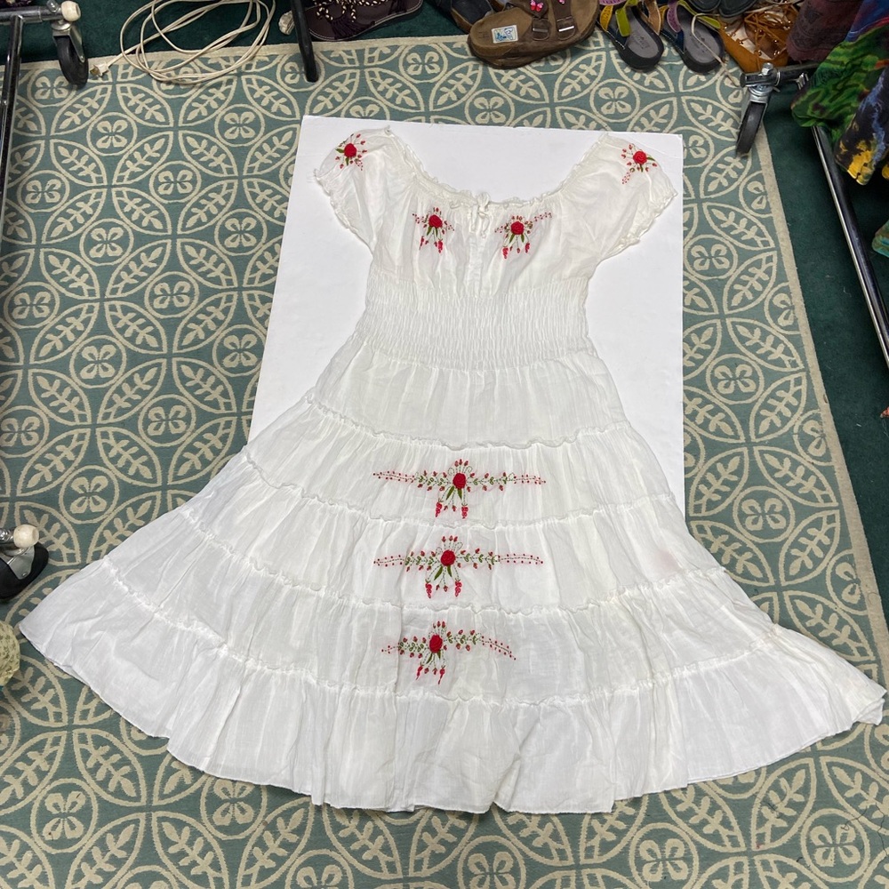 White Elegant Dress with Red Floral Embroidery